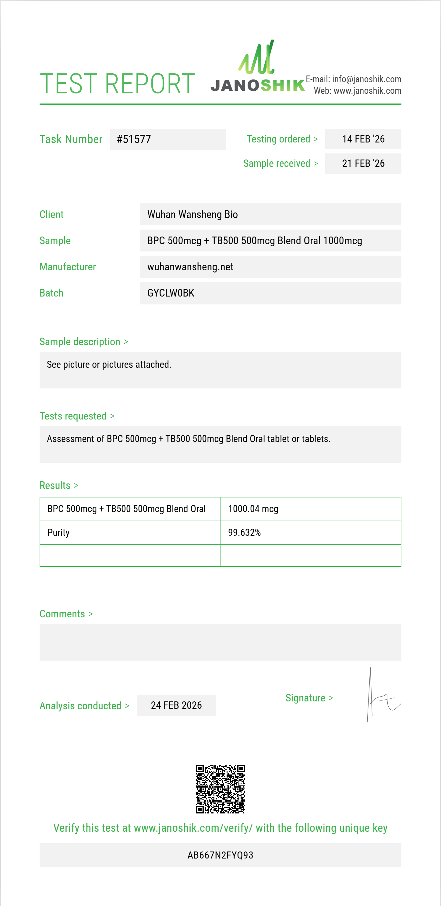 BPC 500mcg + TB500 500mcg Blend Oral Purity (HPLC) report by Janoshik Analytical