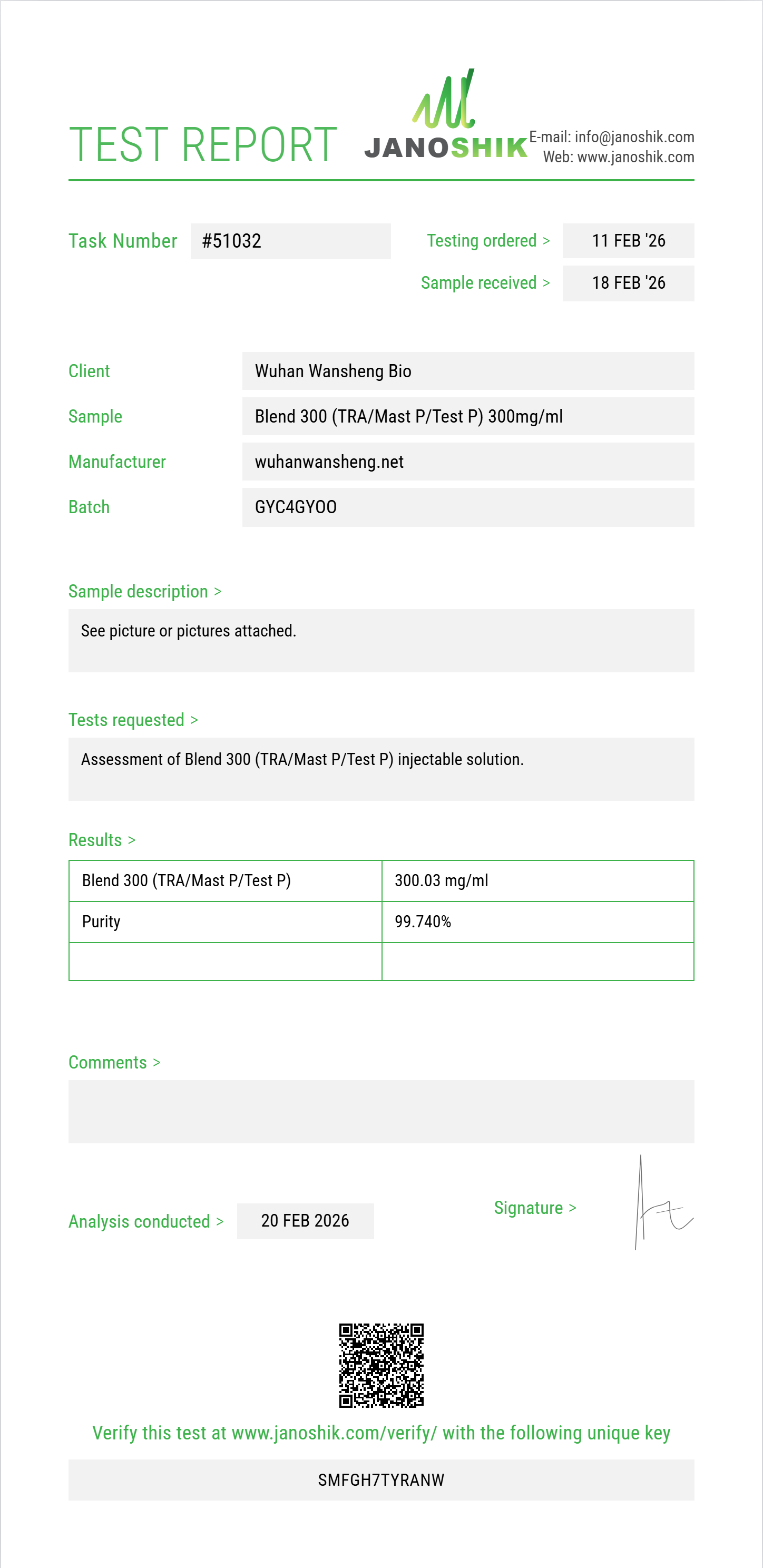 Blend 300 (TRA/Mast P/Test P) Purity (HPLC) report by Janoshik Analytical