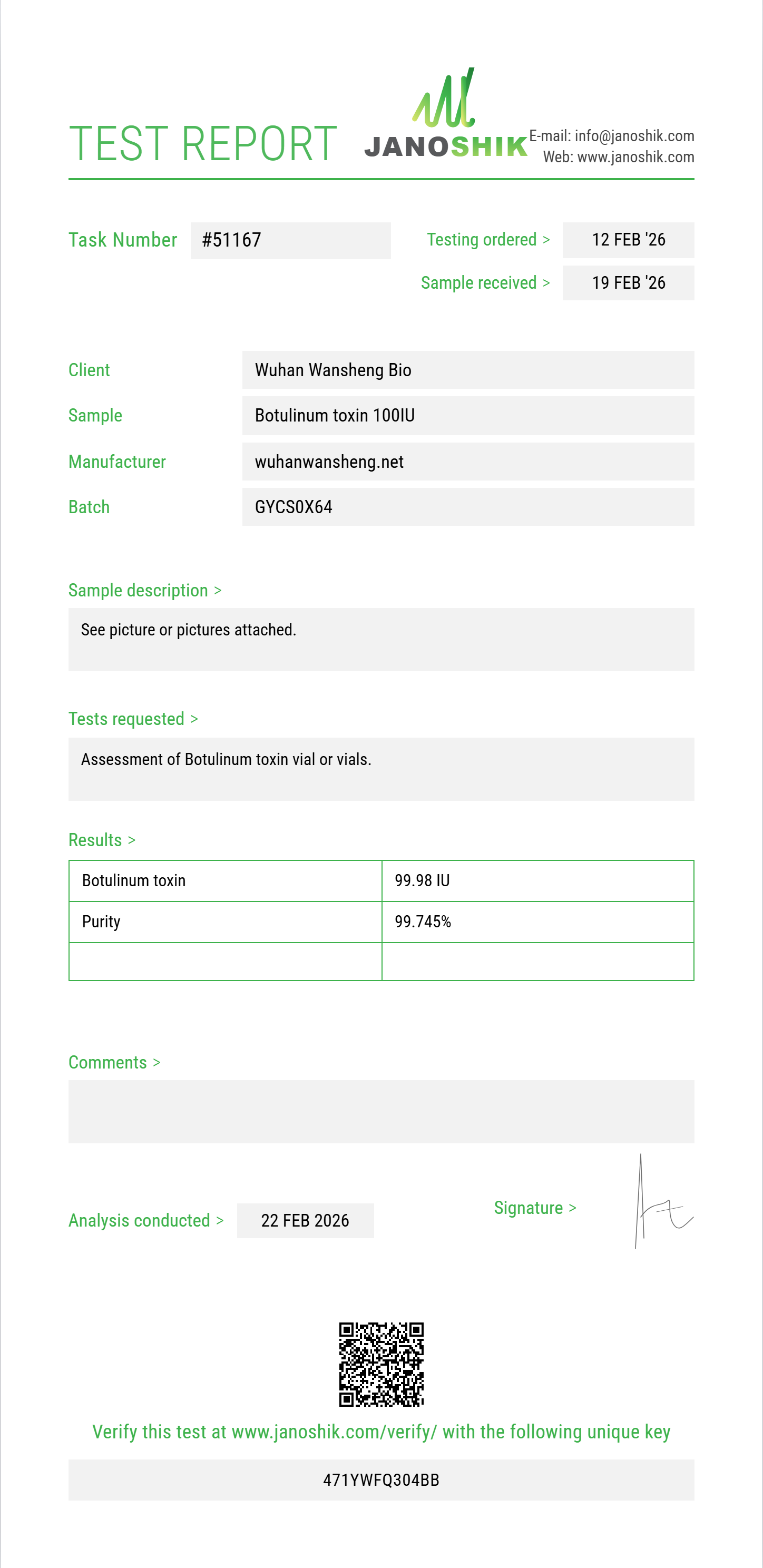 Botulinum toxin Purity (HPLC) report by Janoshik Analytical