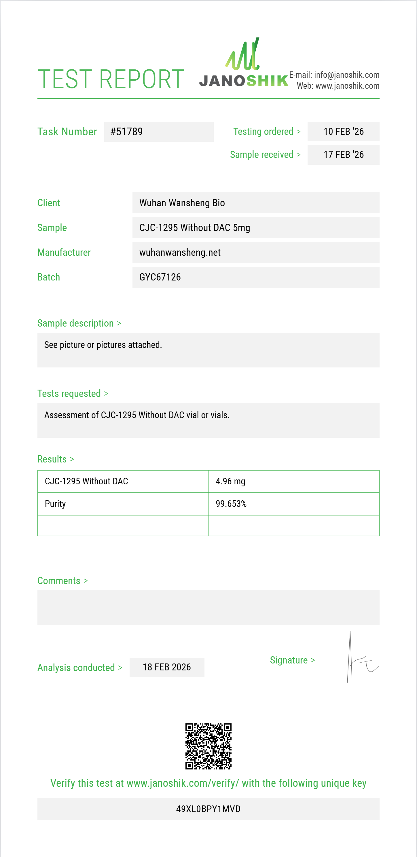 CJC-1295 Without DAC Purity (HPLC) report by Janoshik Analytical