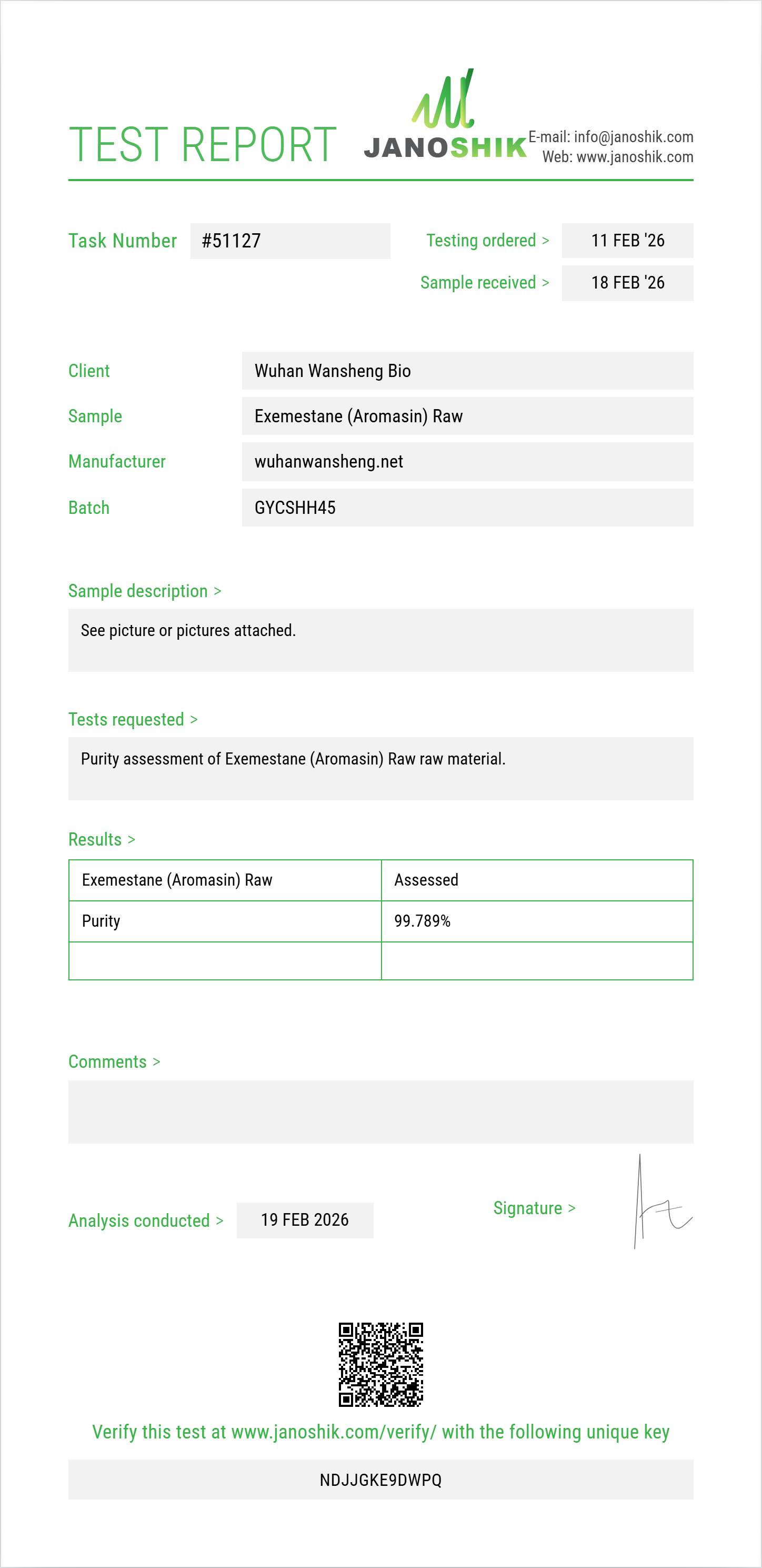 Exemestane (Aromasin) Raw Purity (HPLC) report by Janoshik Analytical