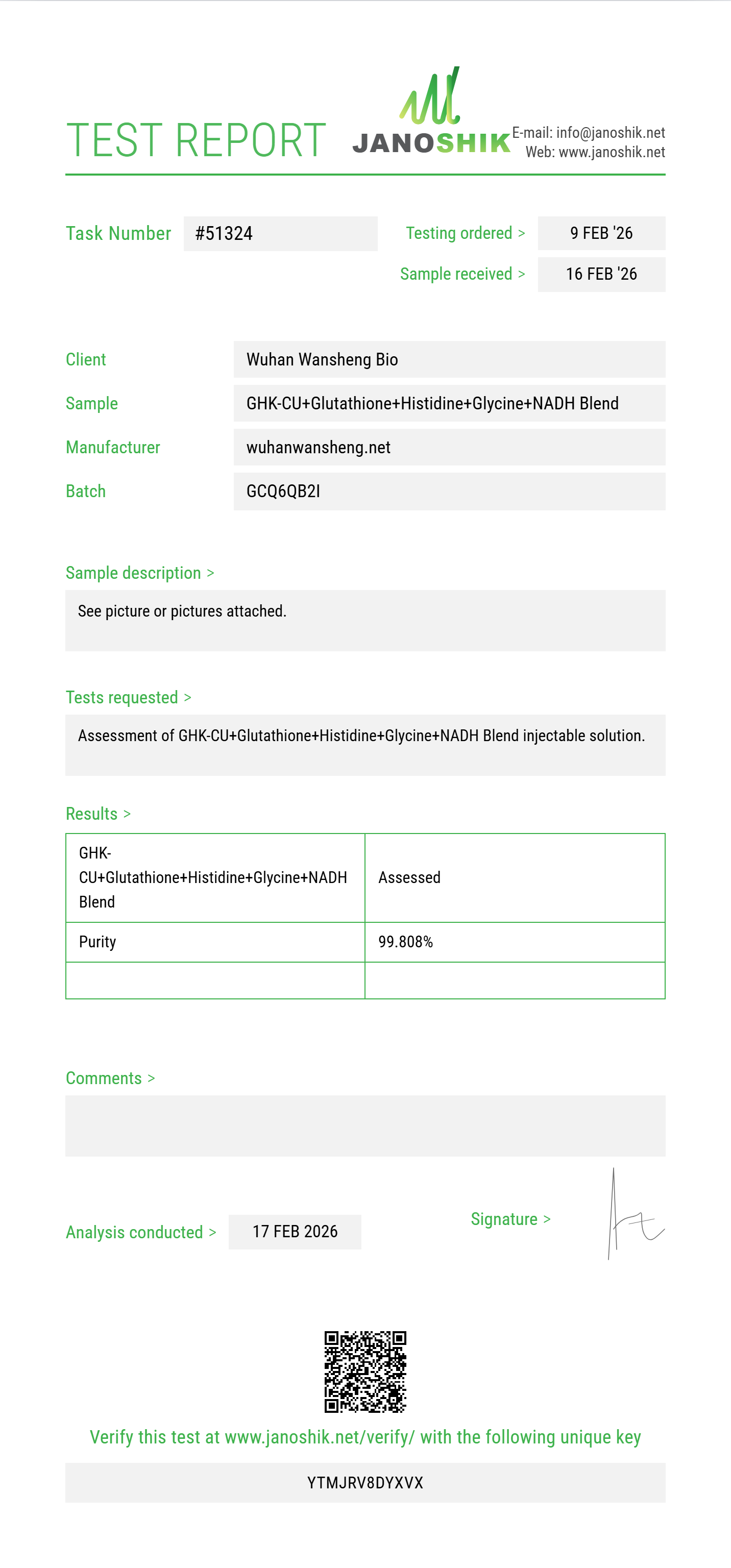 GHK-CU 2000mcg+Glutathione 200mg+Histidine 100mg+Glycine 50mg+NADH 50mg Purity (HPLC) report by Janoshik Analytical