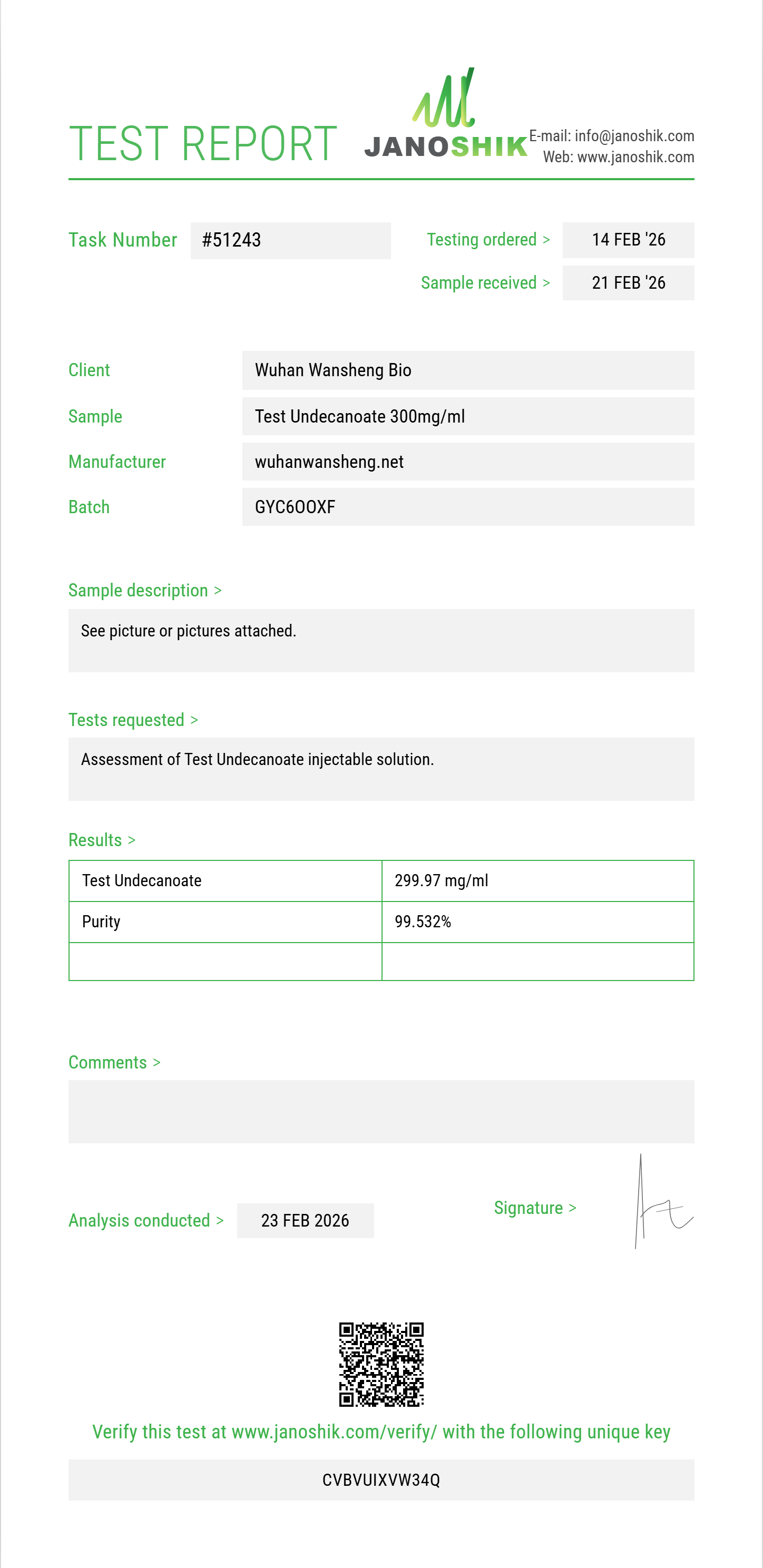 Test Undecanoate Purity (HPLC) report by Janoshik Analytical