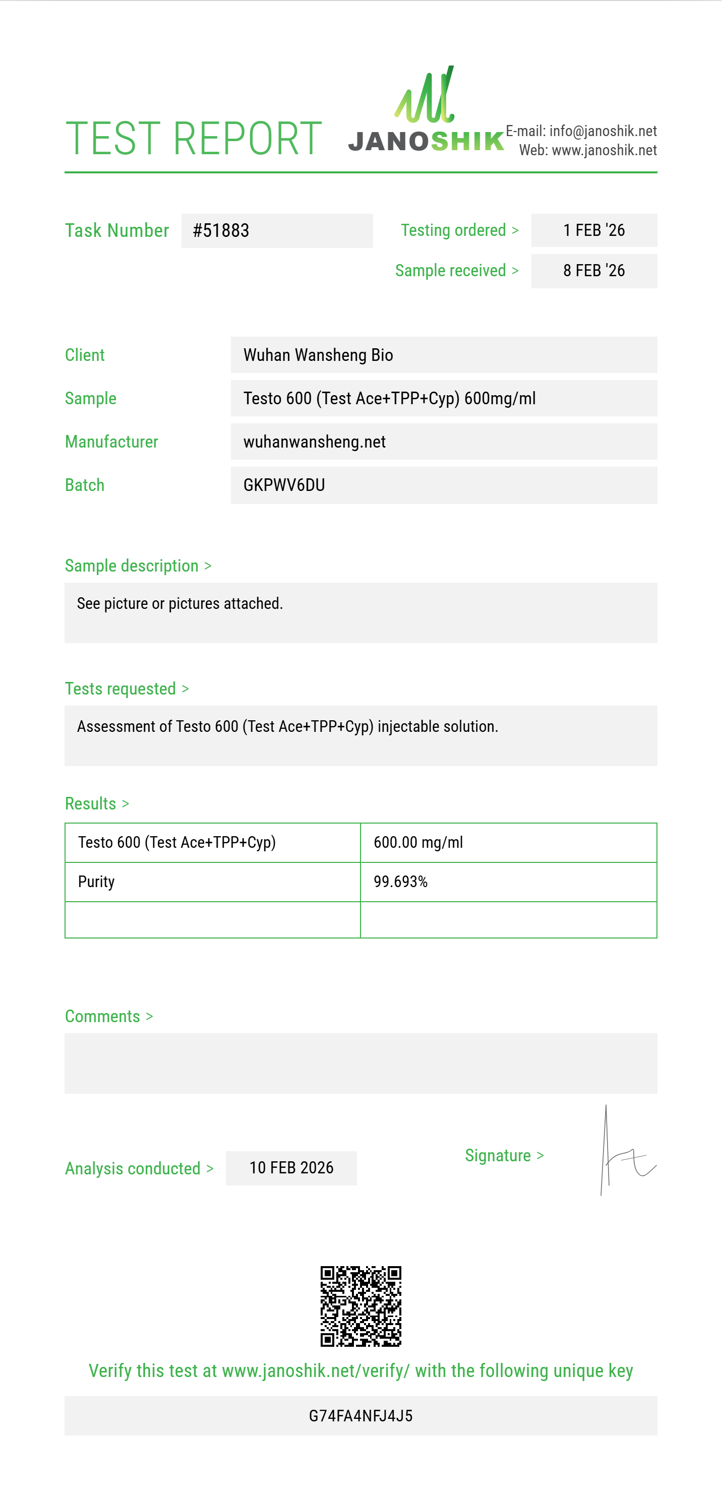 Testo 600 (Test Acetate 180mg+TPP 220mg+Cyp 200mg) Purity (HPLC) report by Janoshik Analytical