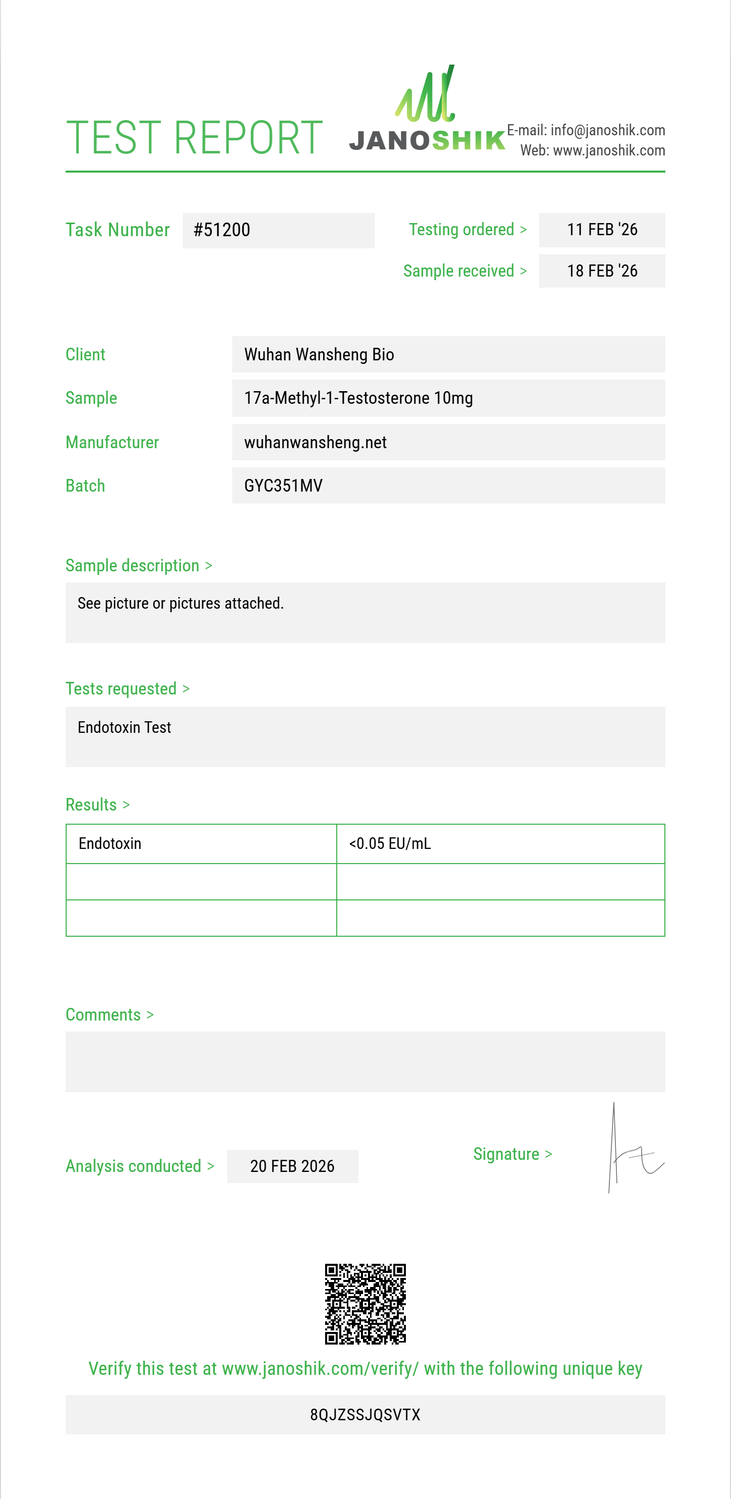17a-Methyl-1-Testosterone Endotoxin report by Janoshik Analytical