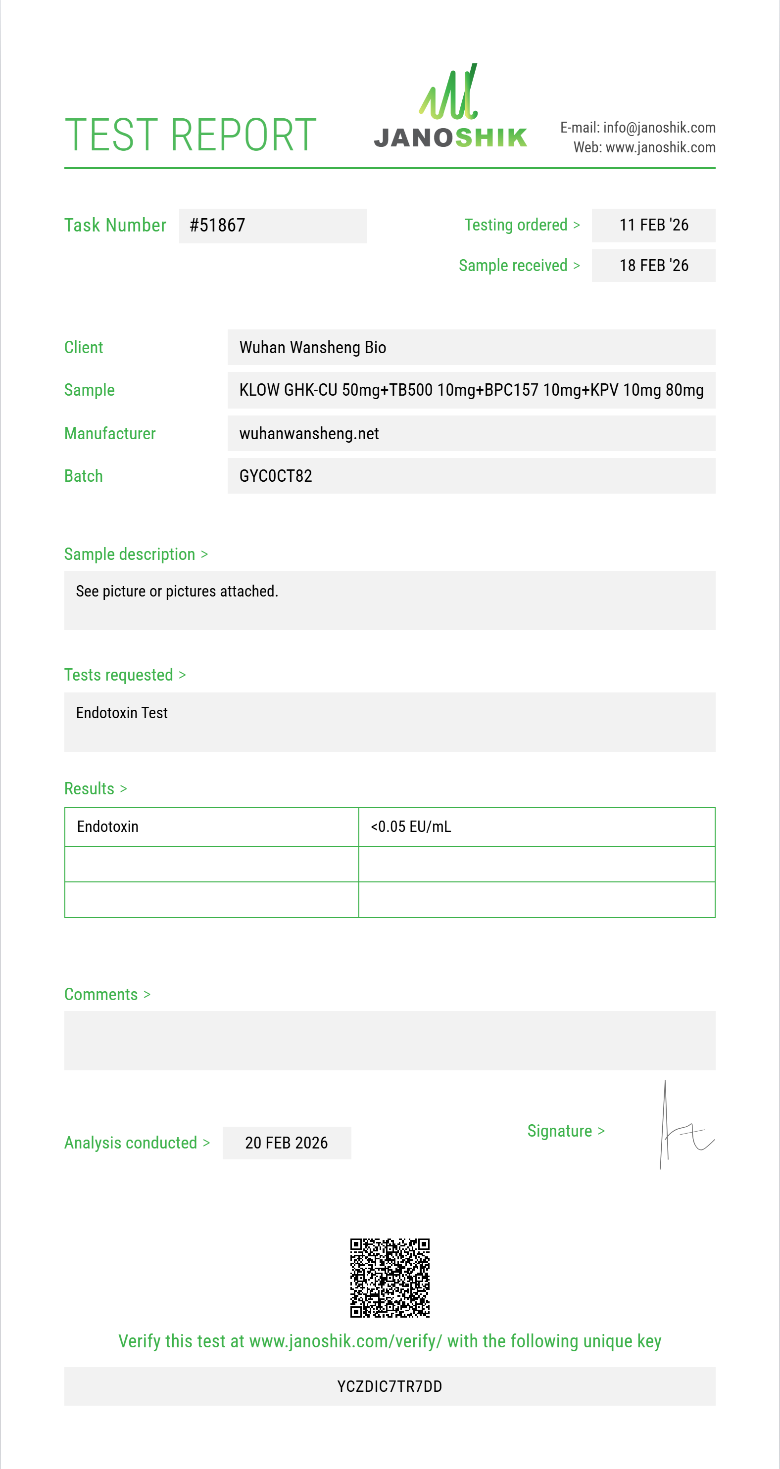 KLOW GHK-CU 50mg+TB500 10mg+BPC157 10mg+KPV 10mg Endotoxin report by Janoshik Analytical