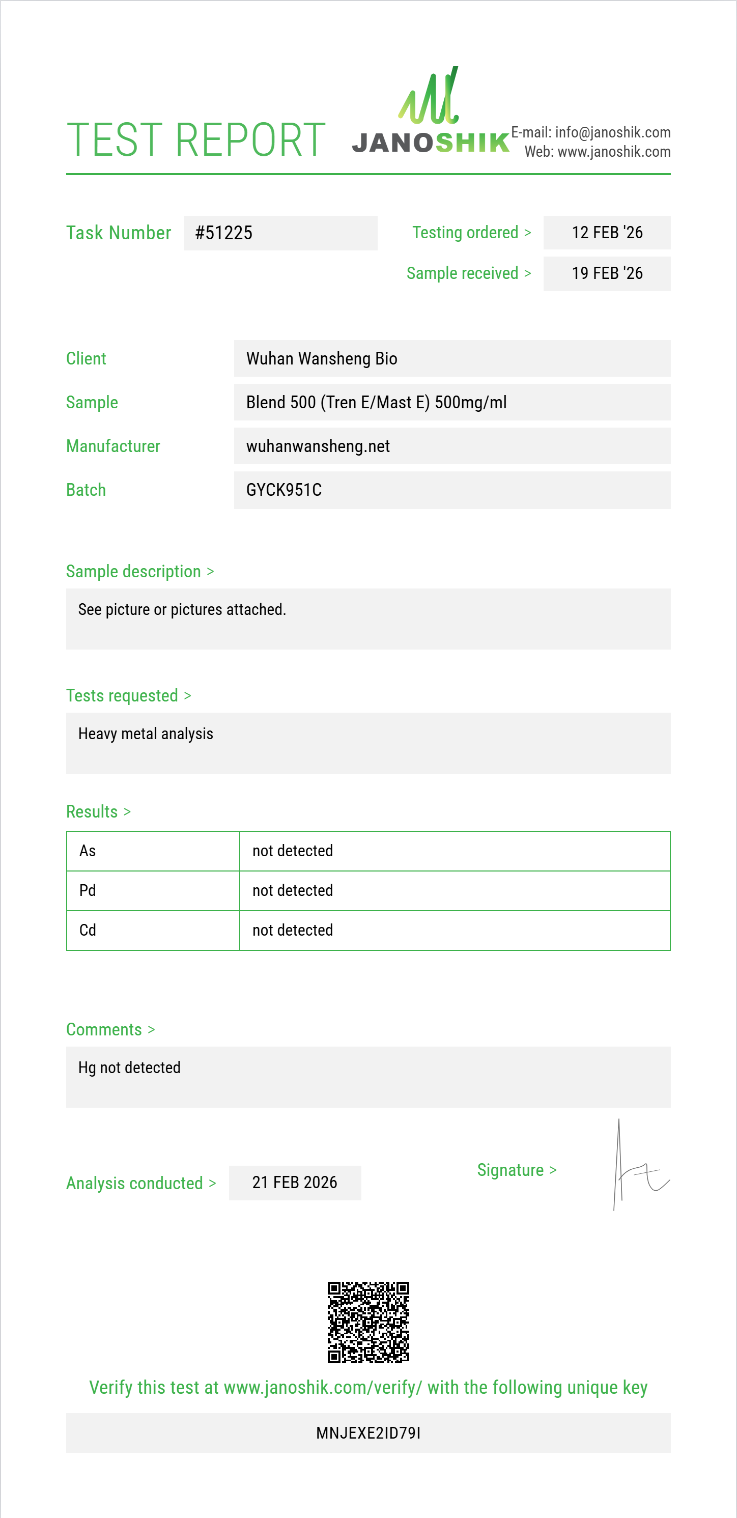 Blend 500 (Tren E/Mast E) Heavy Metals report by Janoshik Analytical