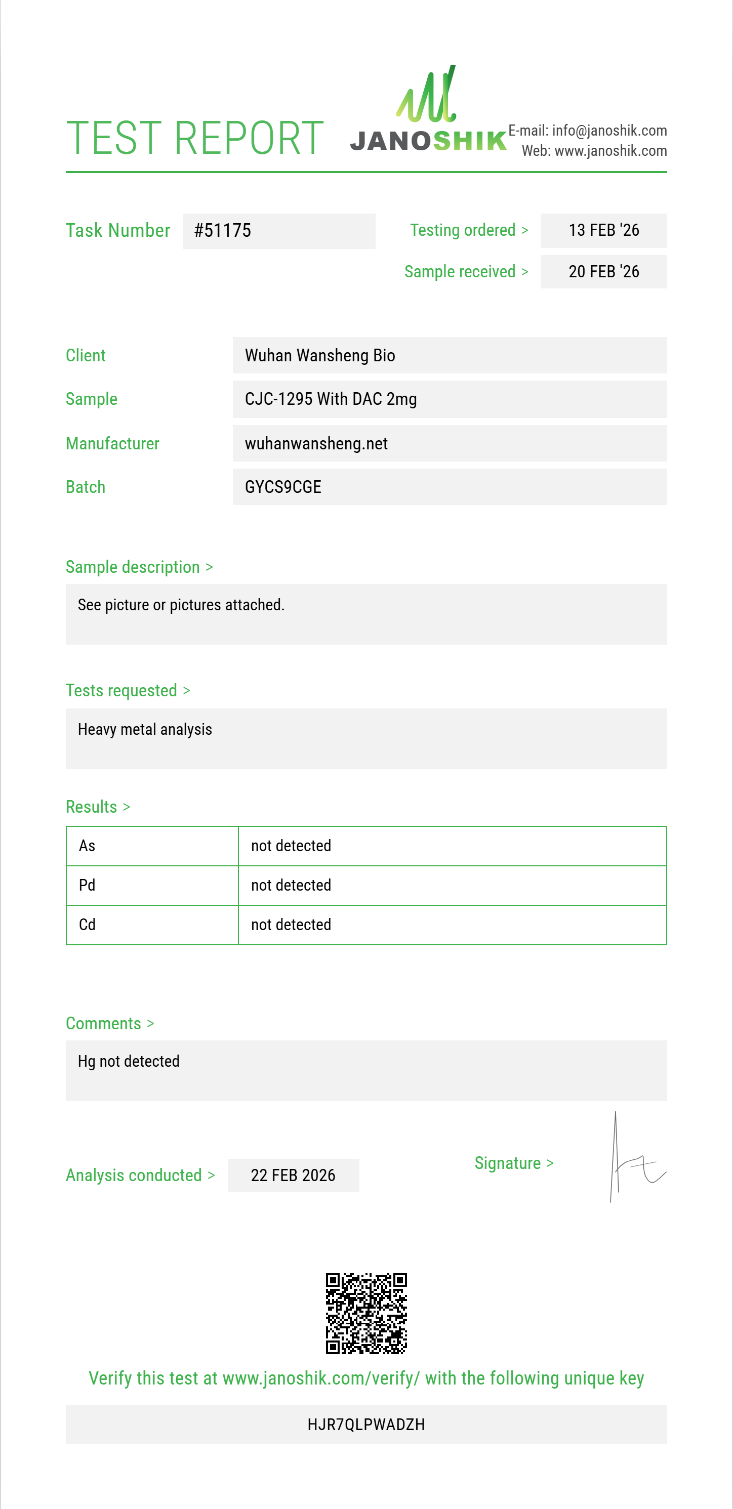 CJC-1295 With DAC Heavy Metals report by Janoshik Analytical