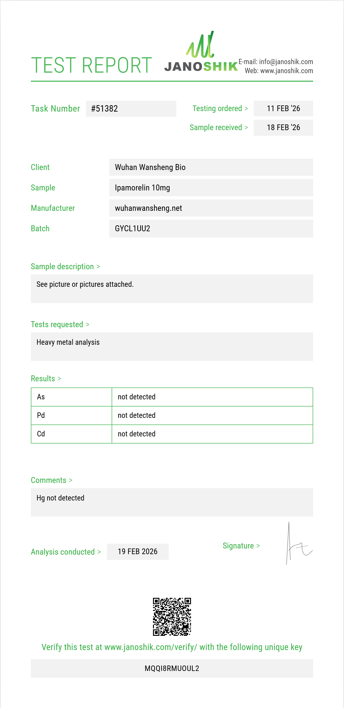 Ipamorelin Heavy Metals report by Janoshik Analytical