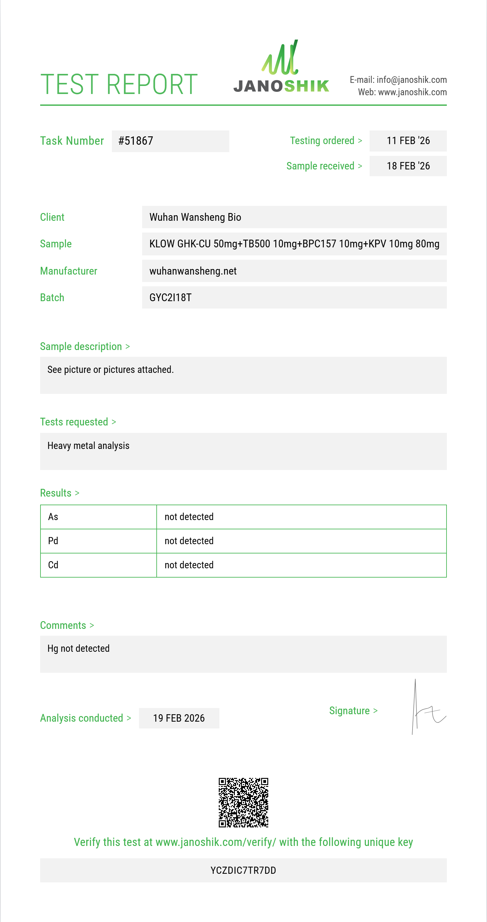 KLOW GHK-CU 50mg+TB500 10mg+BPC157 10mg+KPV 10mg Heavy Metals report by Janoshik Analytical