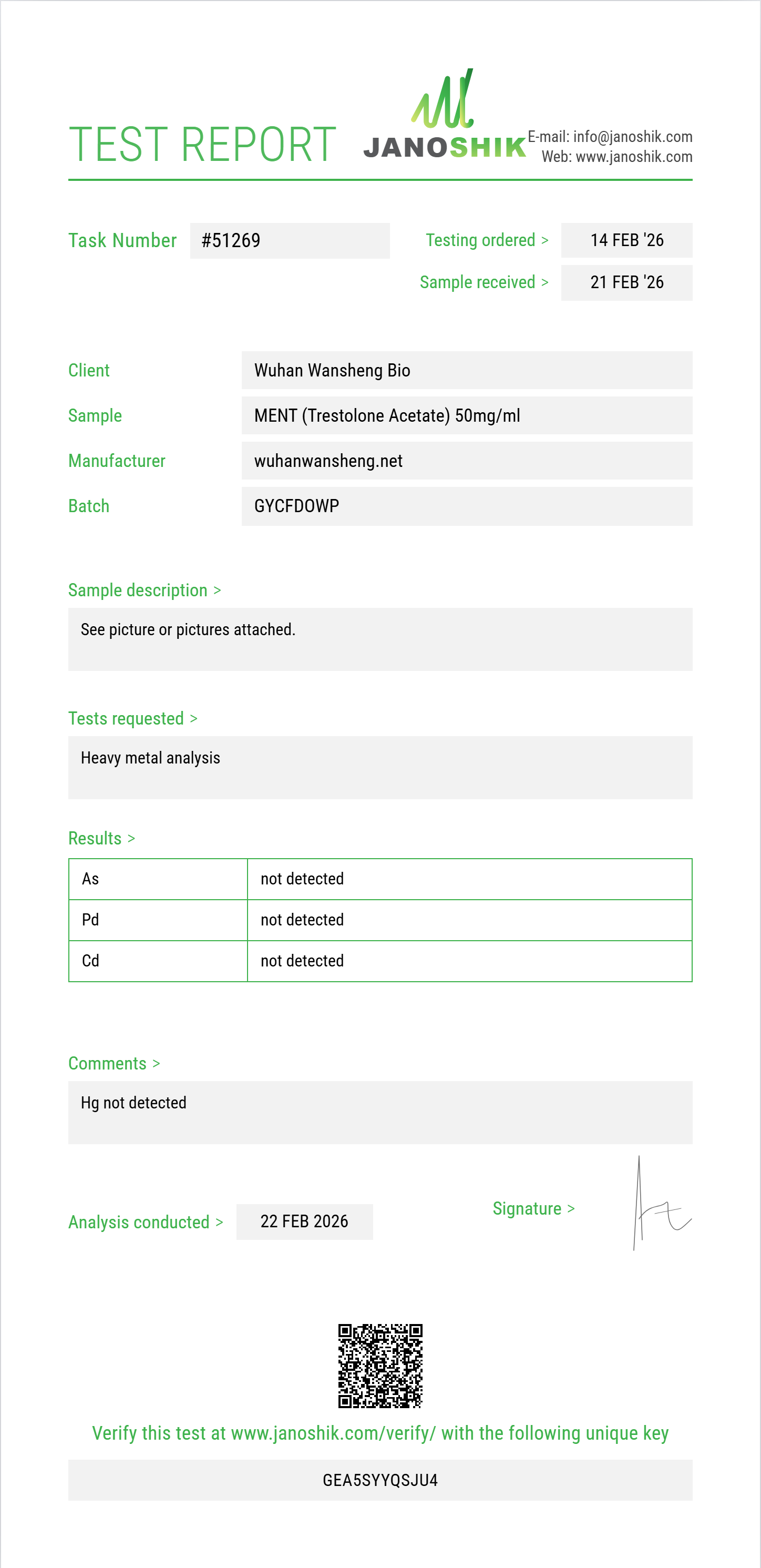 MENT (Trestolone Acetate) Heavy Metals report by Janoshik Analytical