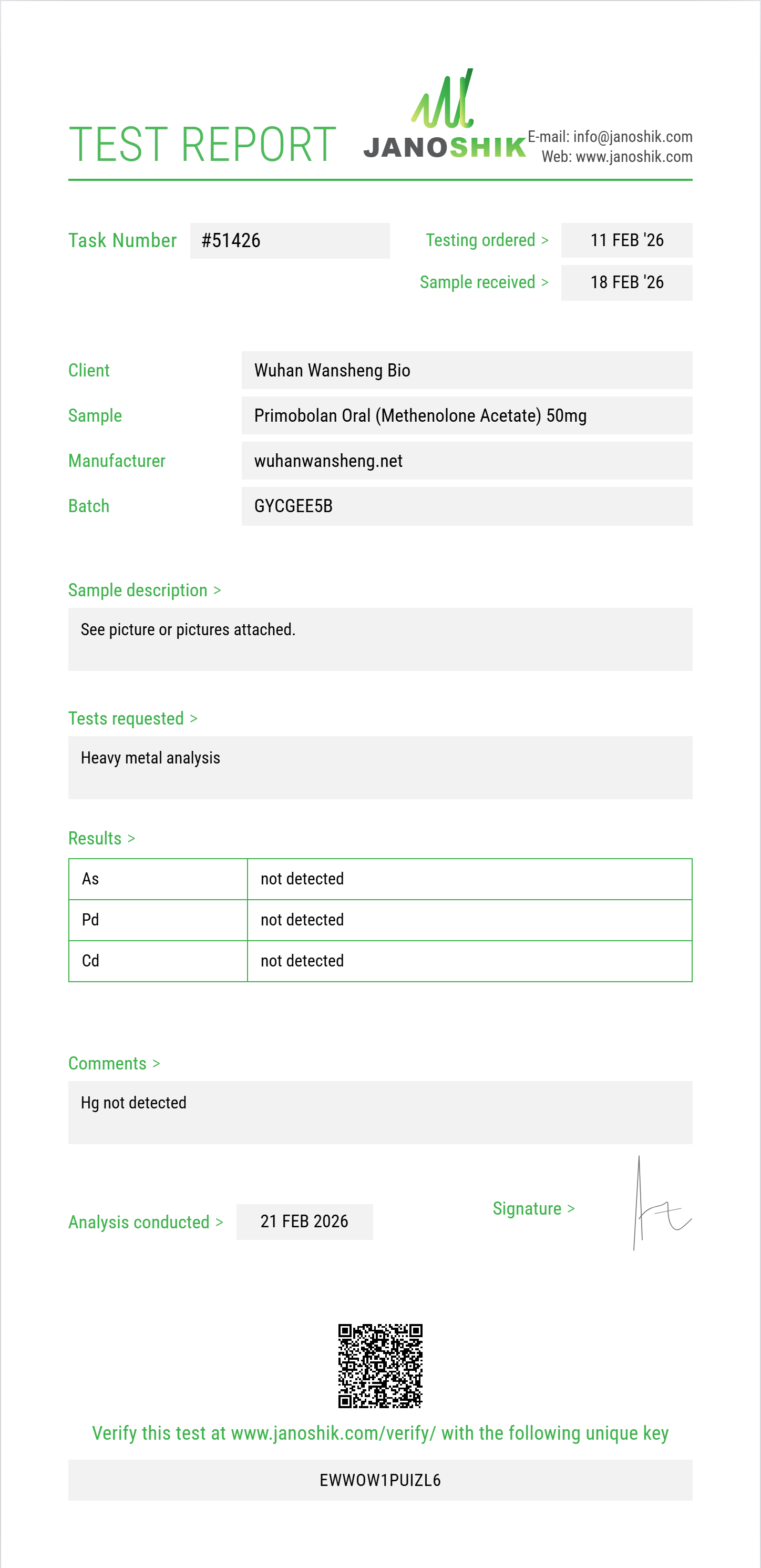 Primobolan Oral (Methenolone Acetate) Heavy Metals report by Janoshik Analytical