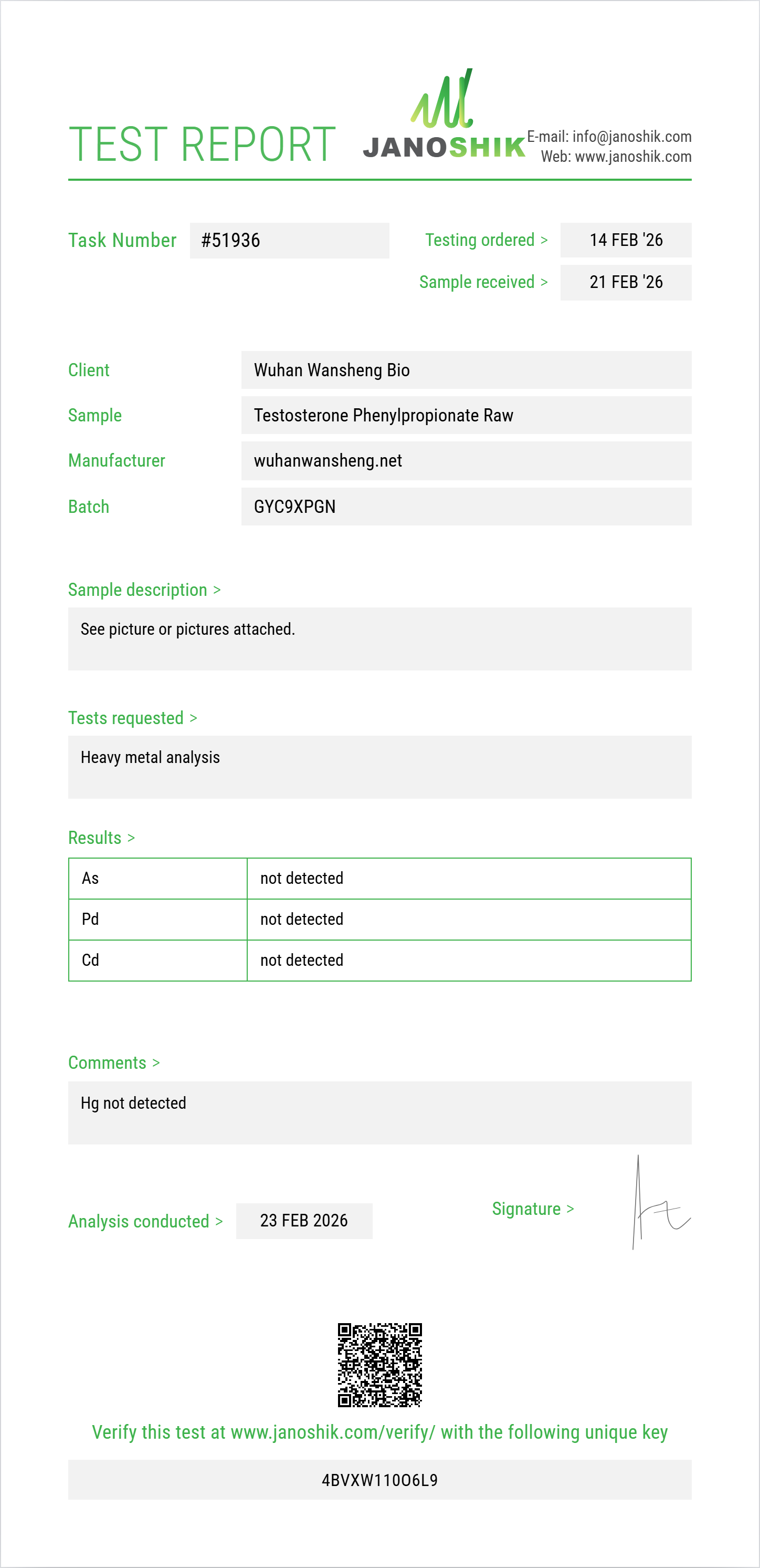 Testosterone Phenylpropionate Raw Heavy Metals report by Janoshik Analytical