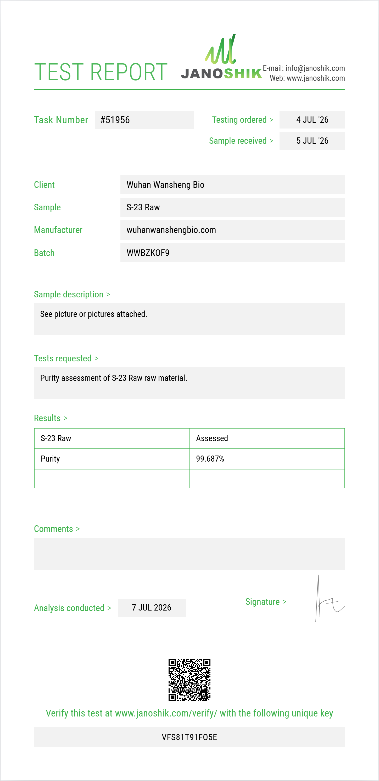 S-23 Raw Purity (HPLC) report by Janoshik Analytical