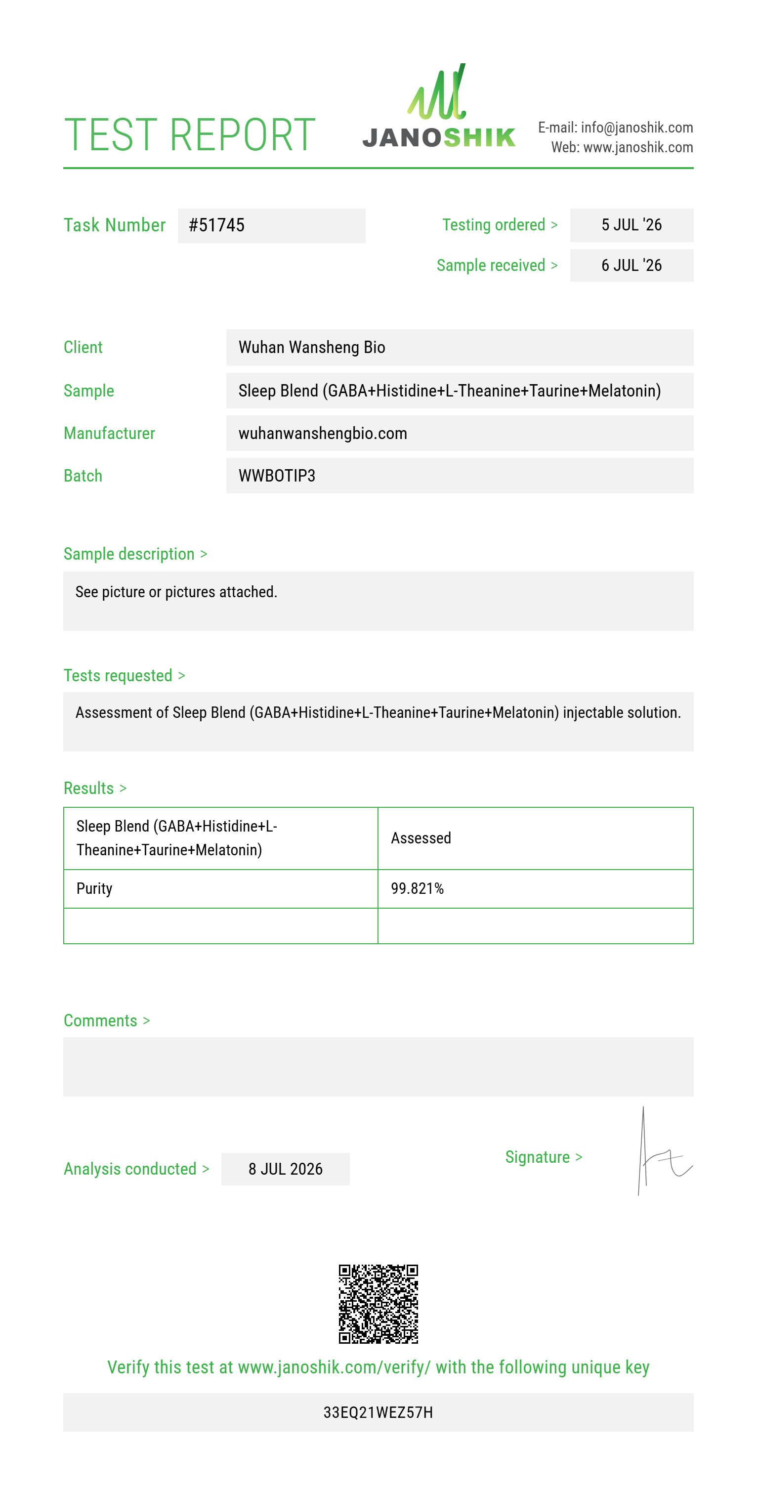 Sleep Blend (GABA 100mg+Histidine 100mg+L-Theanine 50mg+Taurine 100mg+Melatonin 2mg) Purity (HPLC) report by Janoshik Analytical