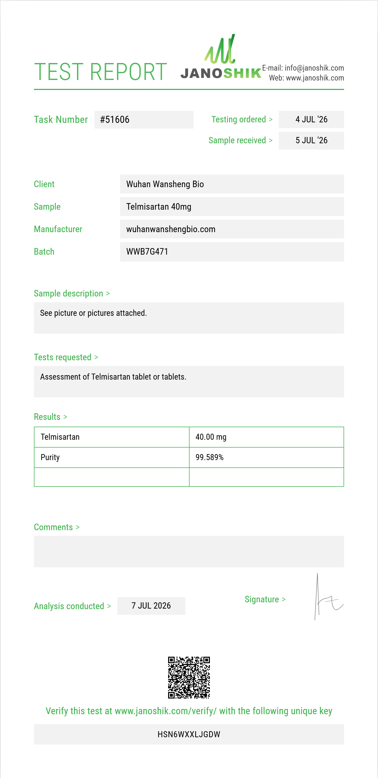Telmisartan Purity (HPLC) report by Janoshik Analytical