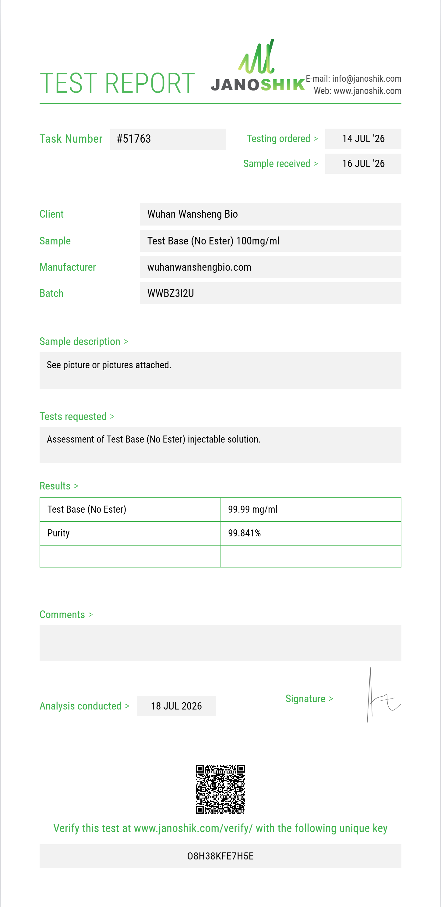 Test Base (No Ester) Purity (HPLC) report by Janoshik Analytical