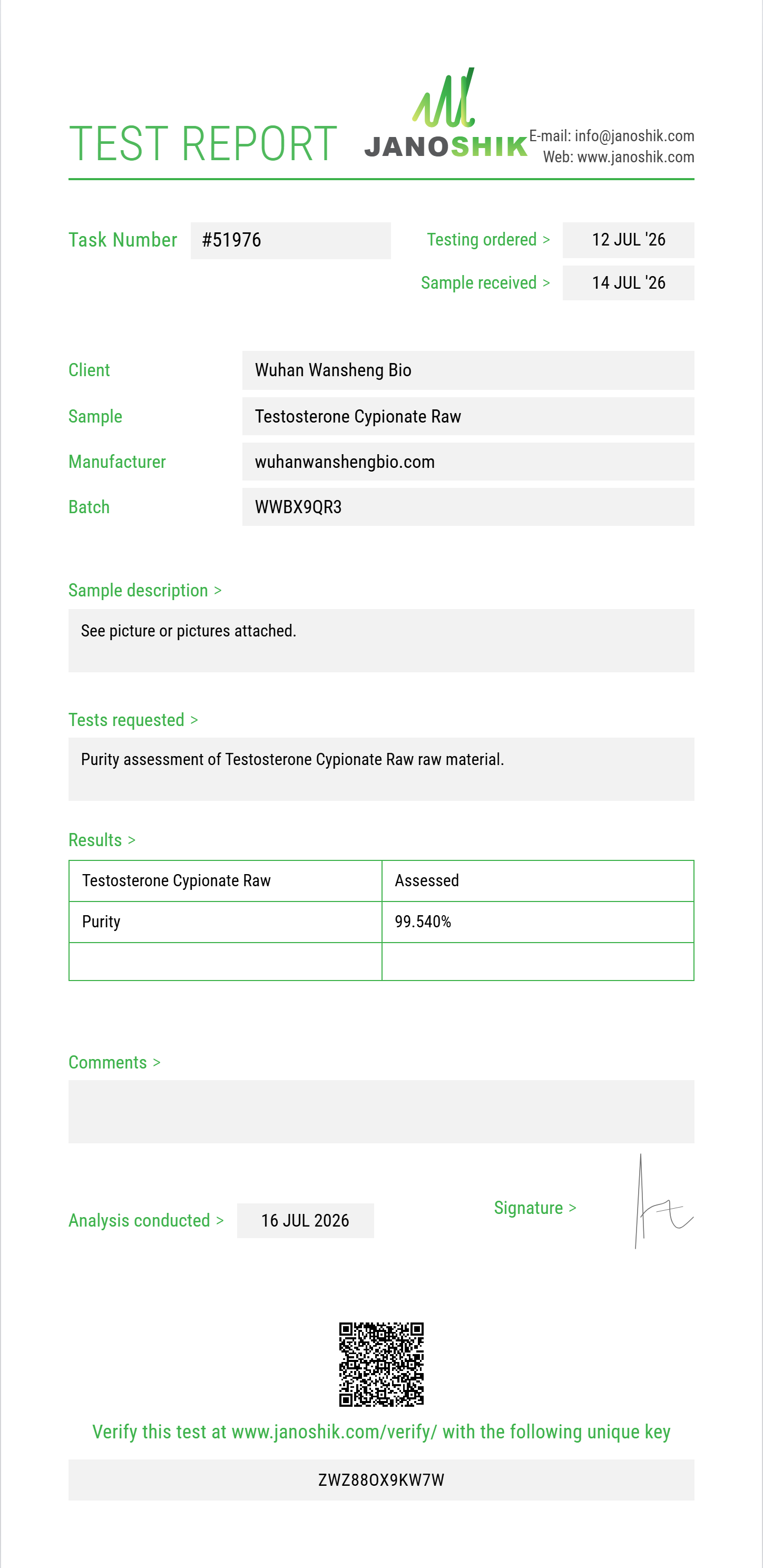 Testosterone Cypionate Raw Purity (HPLC) report by Janoshik Analytical