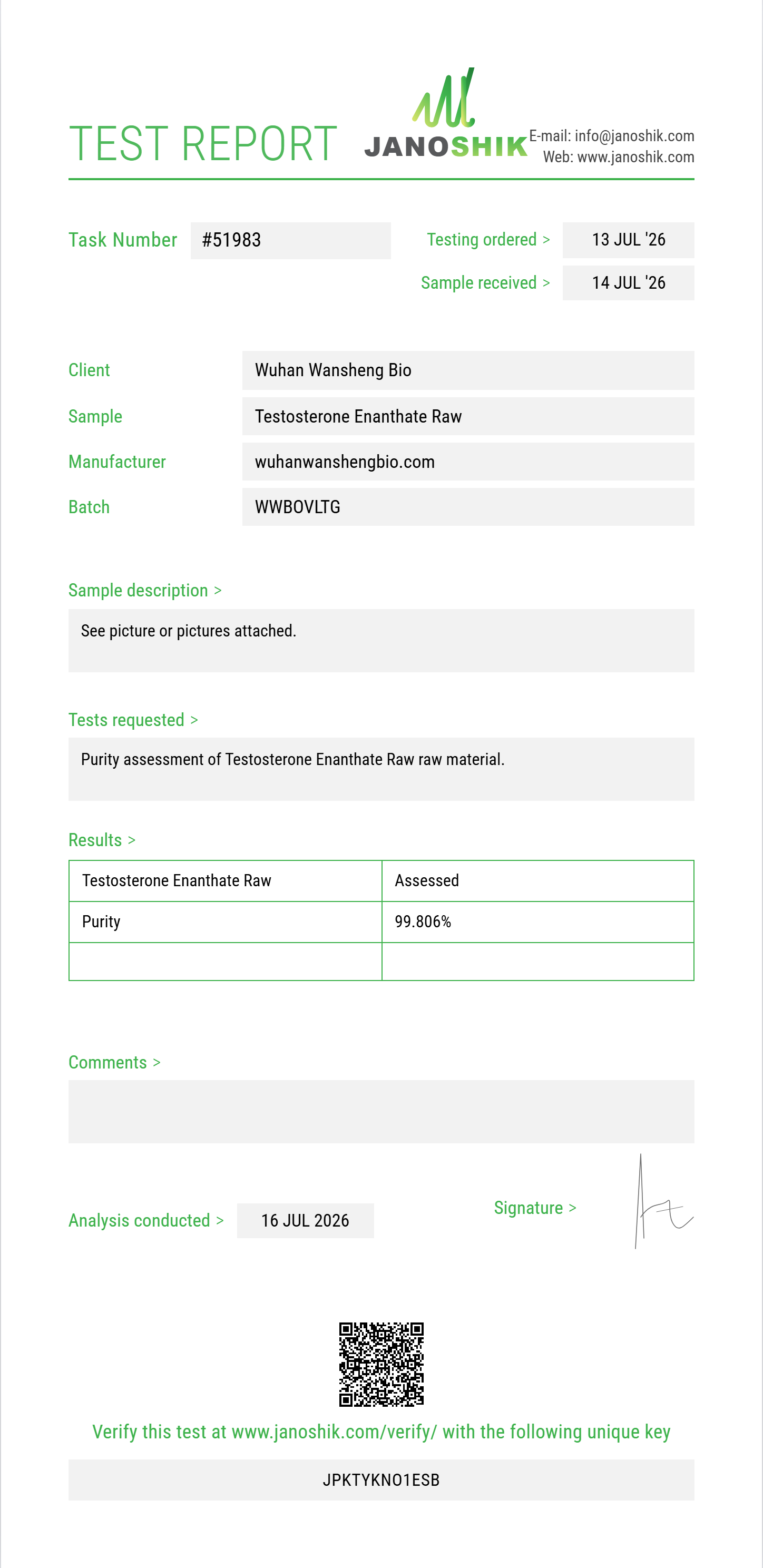 Testosterone Enanthate Raw Purity (HPLC) report by Janoshik Analytical
