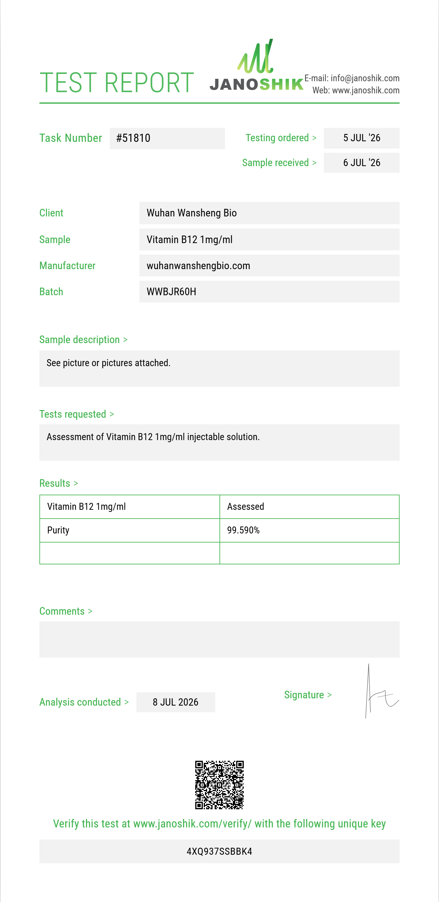 Vitamin B12 1mg/ml Purity (HPLC) report by Janoshik Analytical