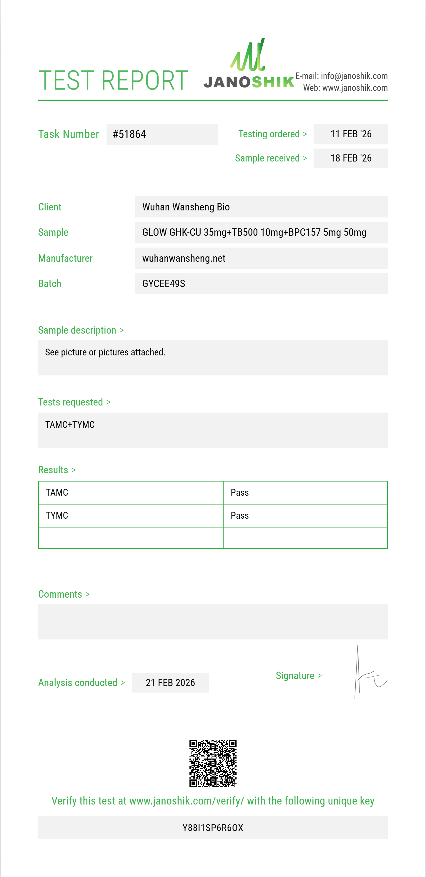 GLOW GHK-CU 35mg+TB500 10mg+BPC157 5mg Sterility report by Janoshik Analytical