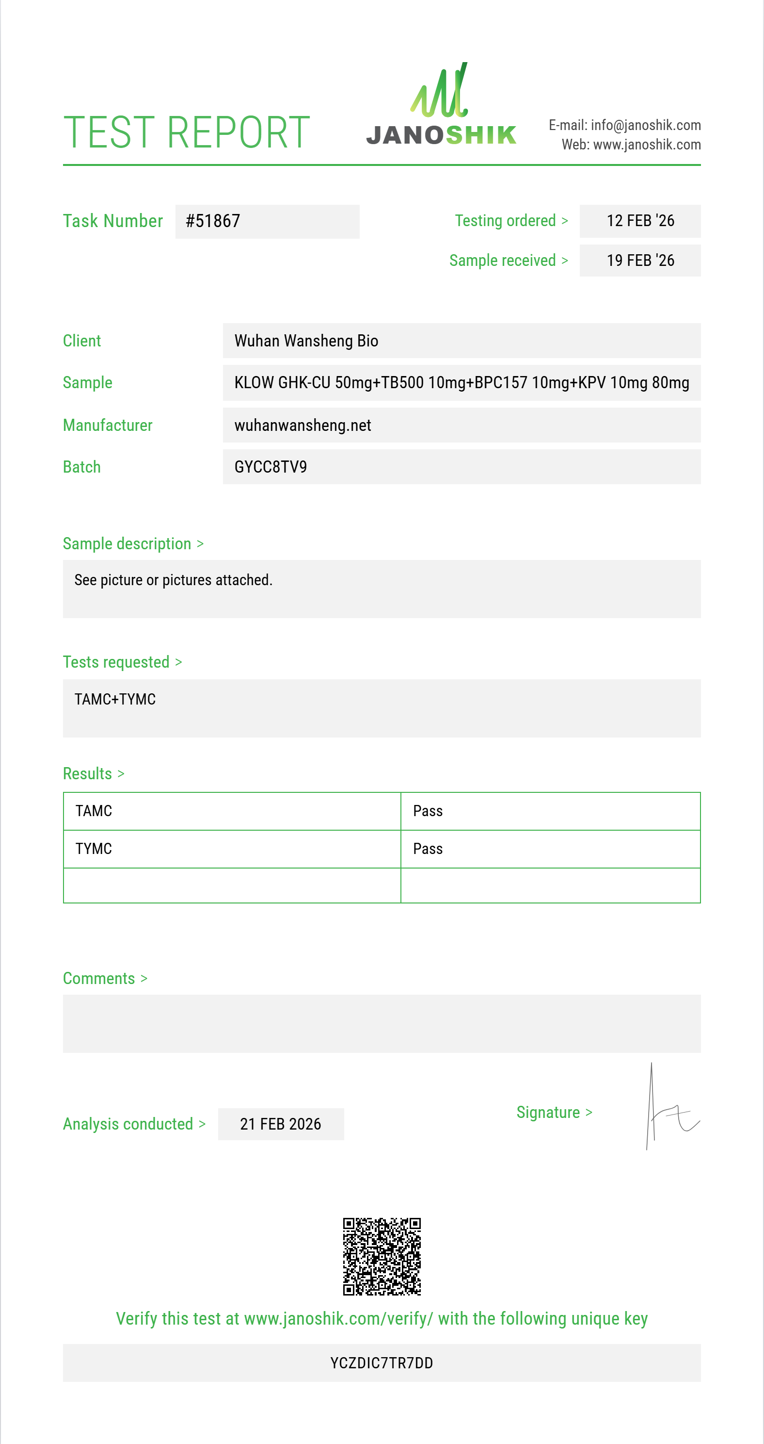 KLOW GHK-CU 50mg+TB500 10mg+BPC157 10mg+KPV 10mg Sterility report by Janoshik Analytical
