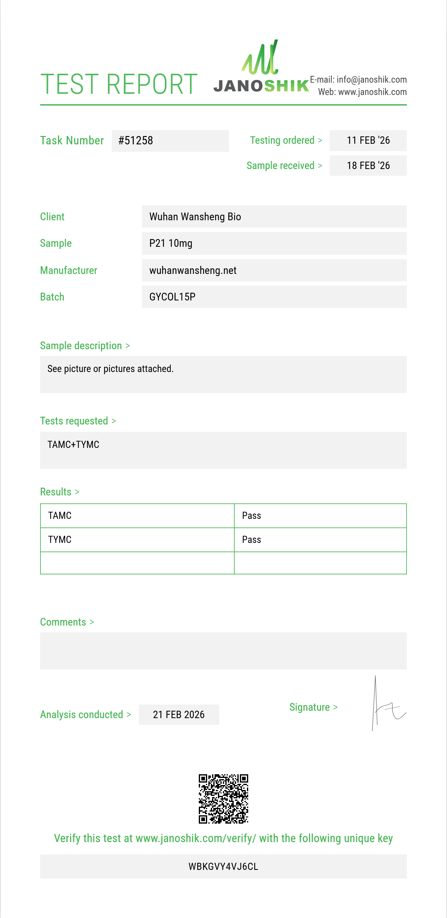 P21 Sterility report by Janoshik Analytical