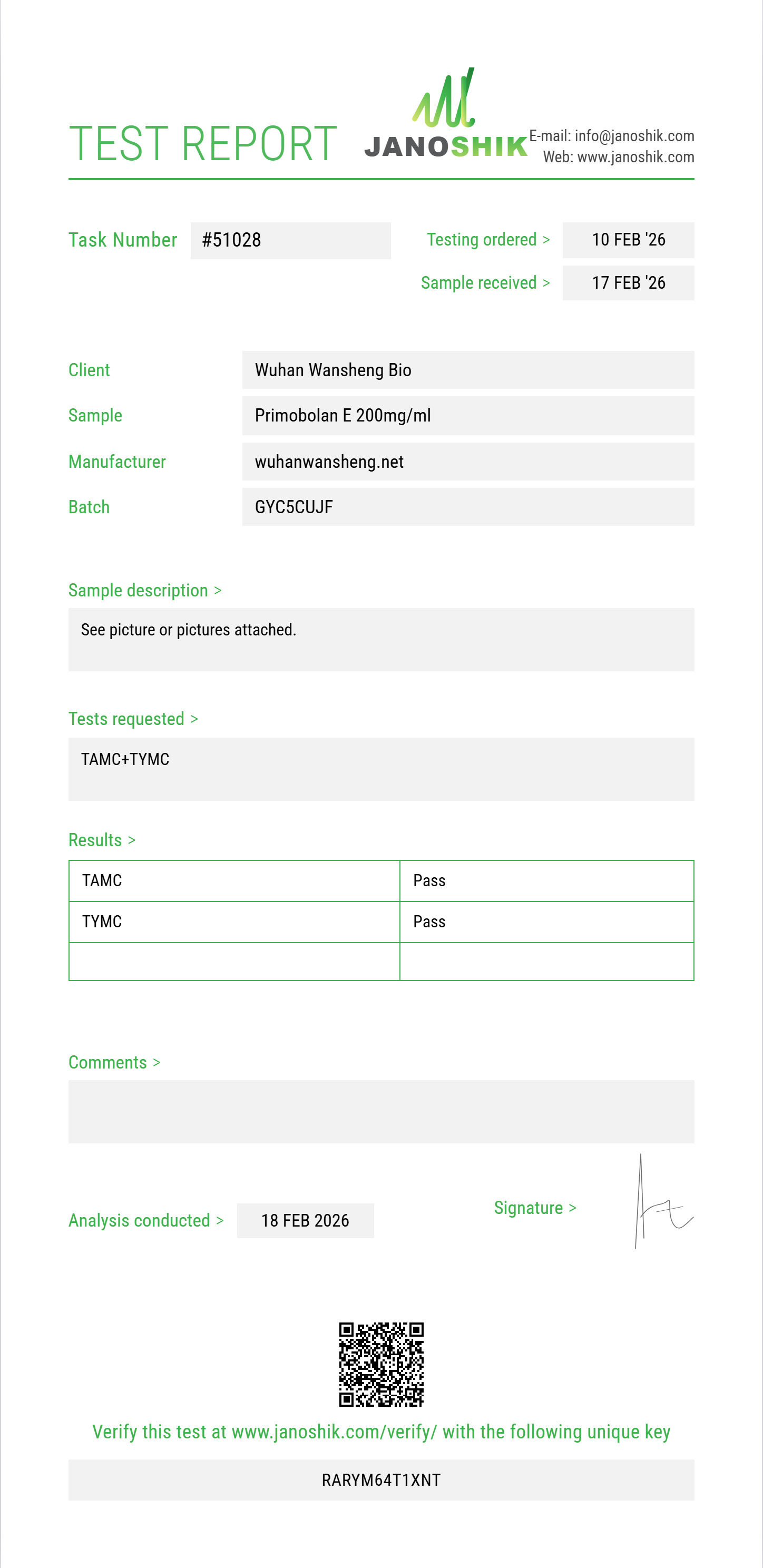Primobolan E Sterility report by Janoshik Analytical