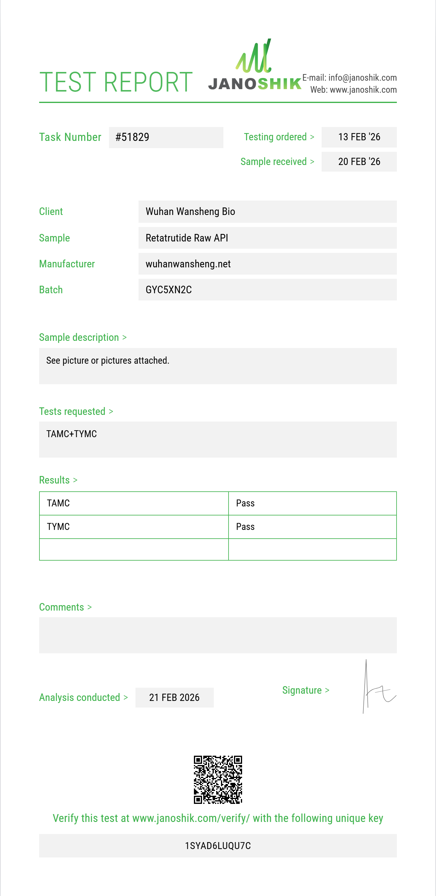 Retatrutide Raw API Sterility report by Janoshik Analytical