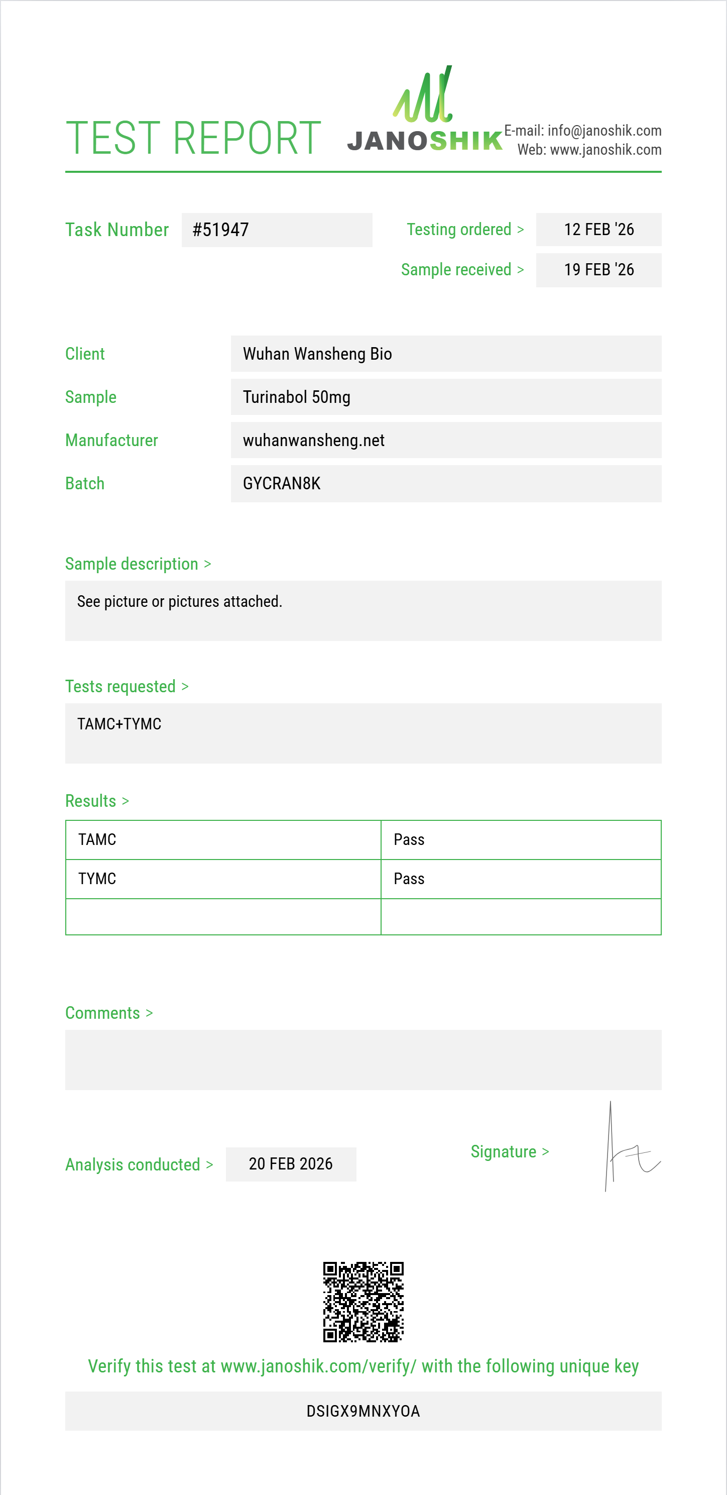 Turinabol Sterility report by Janoshik Analytical