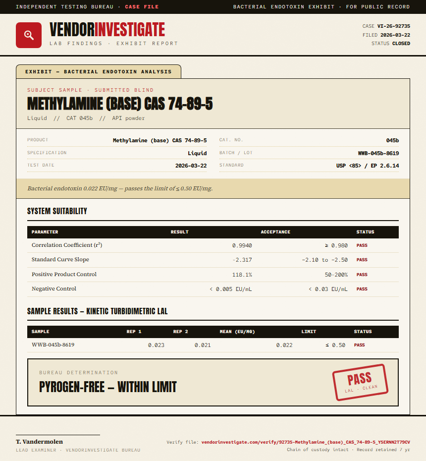 Methylamine (base) CAS 74-89-5 Endotoxin report by VendorInvestigate